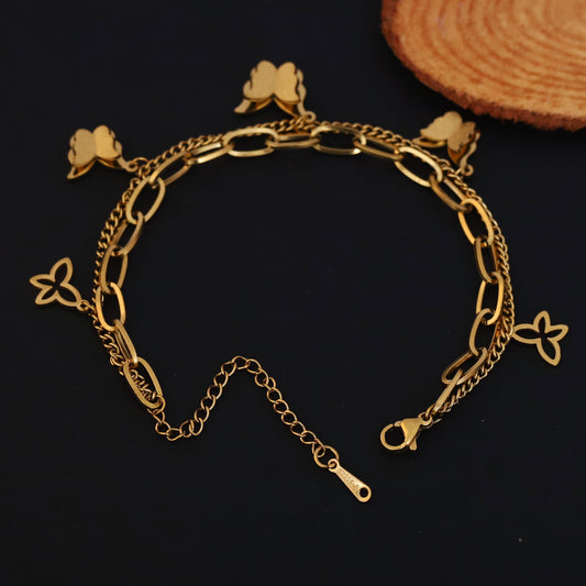 Butterfly Charms Chain Bracelet Gold Plated – Double Layer, Anti-Tarnish, Waterproof, Minimalist Style (GOLD)