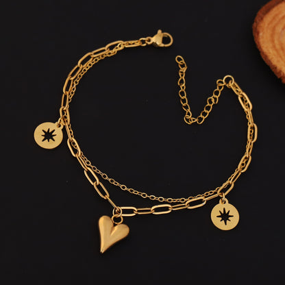 Heart Charms Chain Bracelet Gold Plated – Double Layer, Anti-Tarnish, Waterproof, Minimalist Style (GOLD)