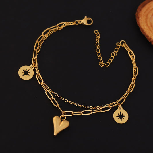 Heart Charms Chain Bracelet Gold Plated – Double Layer, Anti-Tarnish, Waterproof, Minimalist Style (GOLD)