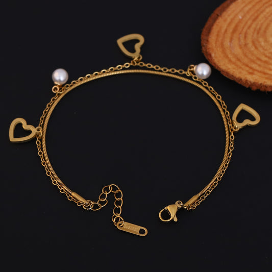 Heart Charms Chain Bracelet Gold Plated – Double Layer, Anti-Tarnish, Waterproof, Minimalist Style (GOLD)