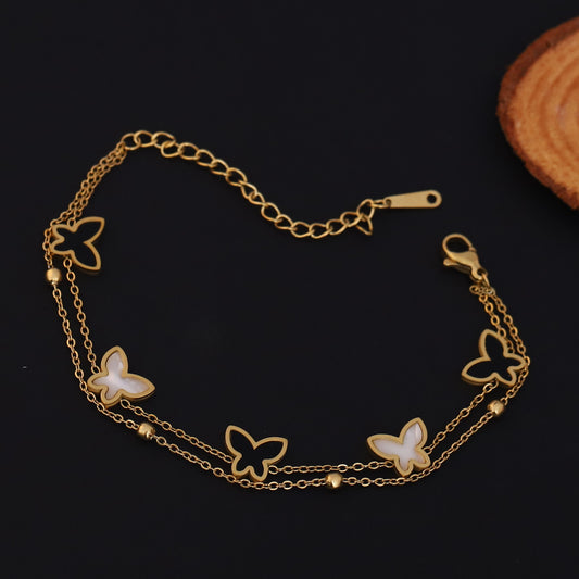 Butterfly Charms Chain Bracelet Gold Plated – Double Layer, Anti-Tarnish, Waterproof, Minimalist Style (GOLD)