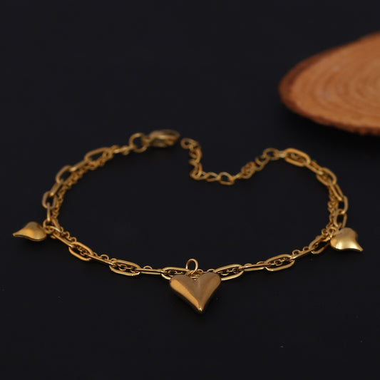 Heart Charms Chain Bracelet Gold Plated – Double Layer, Anti-Tarnish, Waterproof, Minimalist Style (GOLD)