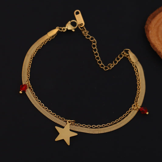 Star Charm & Pearl Chain Bracelet Gold Plated – Double Layer, Anti-Tarnish, Waterproof, Minimalist Style (GOLD)