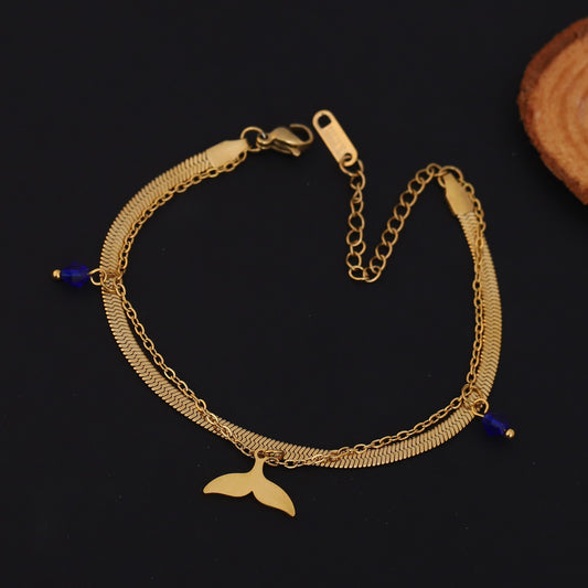 Fish Wings Charm & Pearl Chain Bracelet Gold Plated – Double Layer, Anti-Tarnish, Waterproof, Minimalist Style (GOLD)
