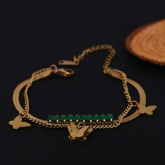 Butterfly Charms Green Stones Chain Bracelet Gold Plated – Double Layer, Anti-Tarnish, Waterproof, Minimalist Style (GOLD)