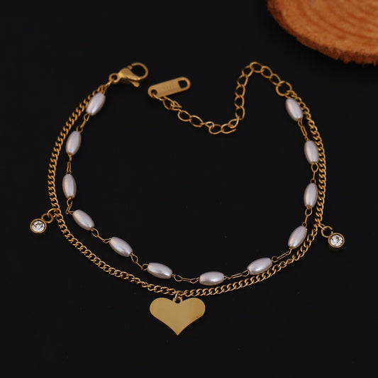 Heart Charm & Pearl Chain Bracelet Gold Plated – Double Layer, Anti-Tarnish, Waterproof, Minimalist Style (GOLD)