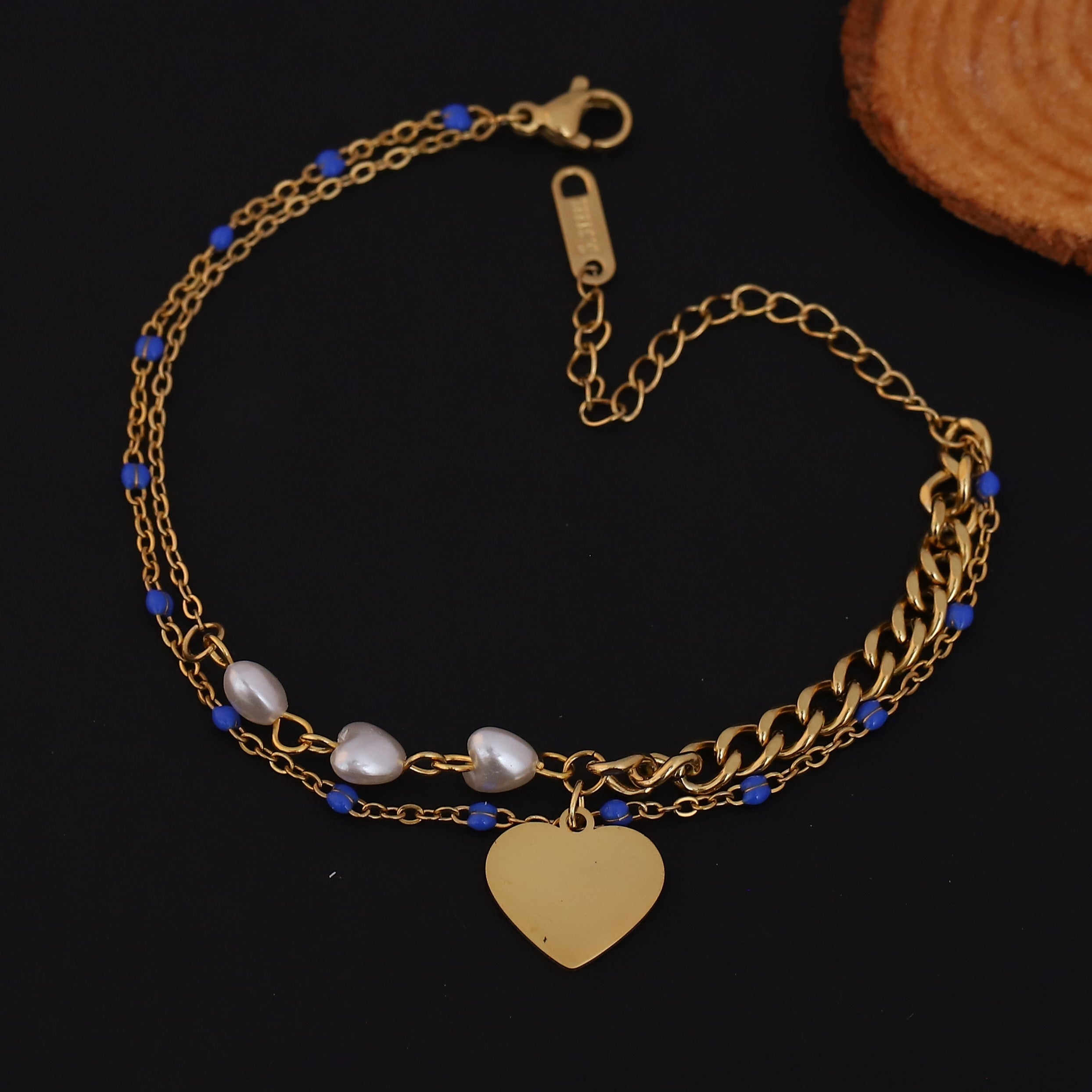 Heart Charm Pearl Chain Bracelet Gold Plated – Double Layer, Anti-Tarnish, Waterproof(GOLD)