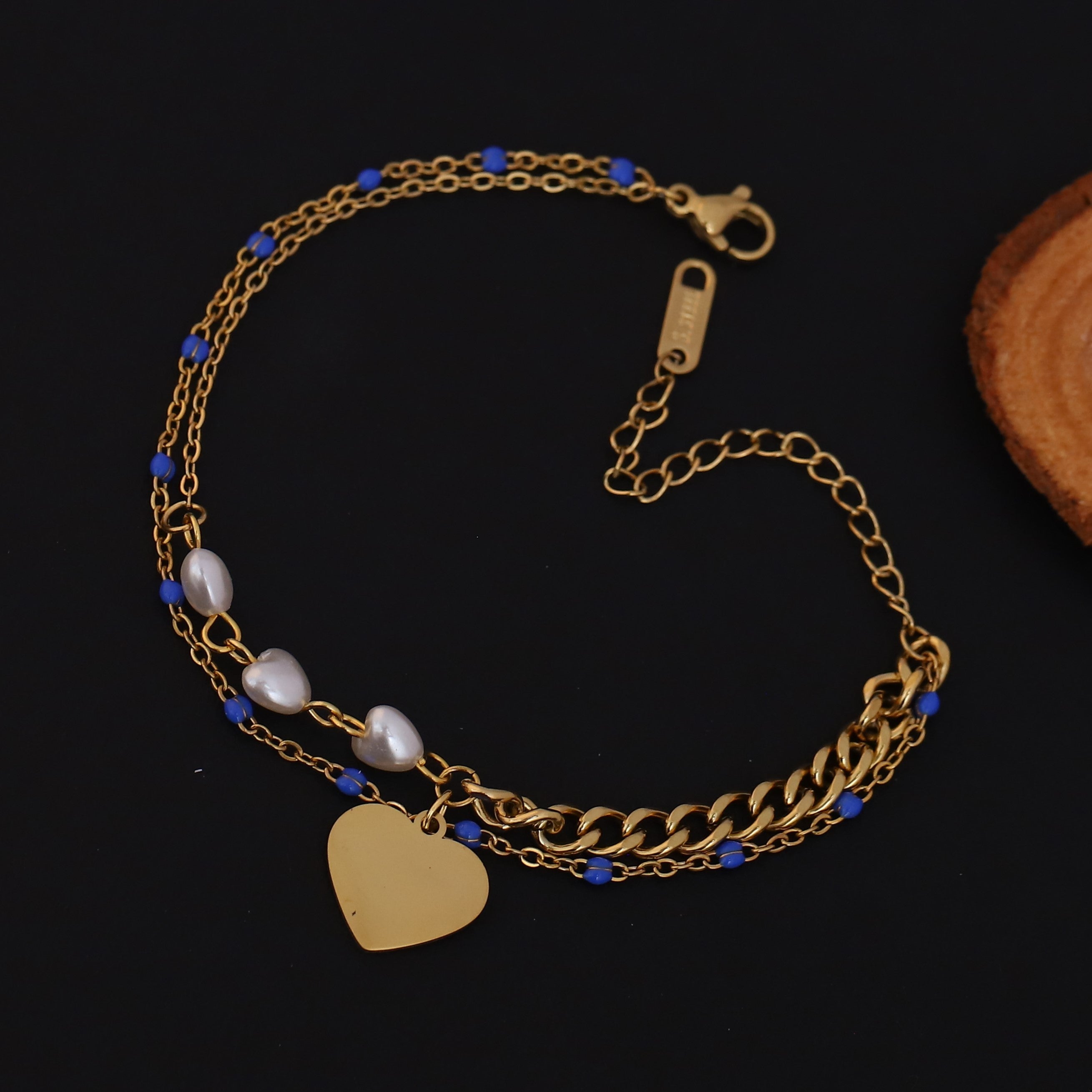 Heart Charm Pearl Chain Bracelet Gold Plated – Double Layer, Anti-Tarnish, Waterproof(GOLD)