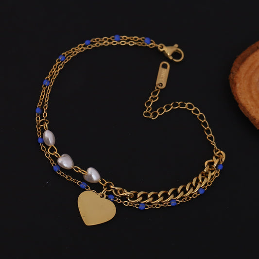 Heart Charm Pearl Chain Bracelet Gold Plated – Double Layer, Anti-Tarnish, Waterproof(GOLD)