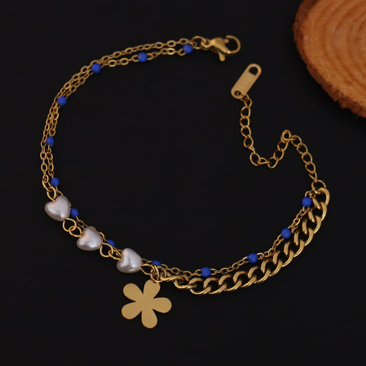 Flower Charm Chain Bracelet Gold Plated – Double Layer, Anti-Tarnish, Waterproof(GOLD)