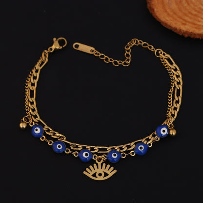 Evil Eye Charm Chain Bracelet Gold Plated – Double Layer, Anti-Tarnish, Waterproof(GOLD)