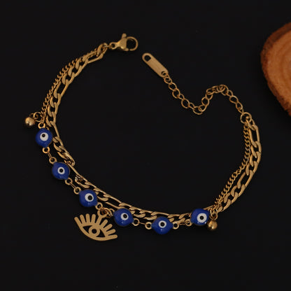 Evil Eye Charm Chain Bracelet Gold Plated – Double Layer, Anti-Tarnish, Waterproof(GOLD)