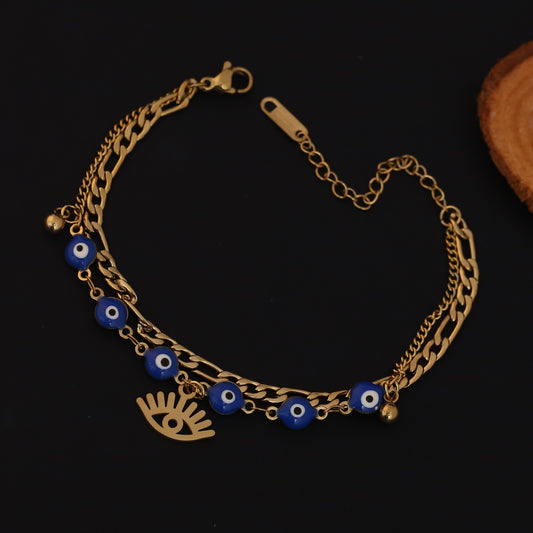 Evil Eye Charm Chain Bracelet Gold Plated – Double Layer, Anti-Tarnish, Waterproof(GOLD)