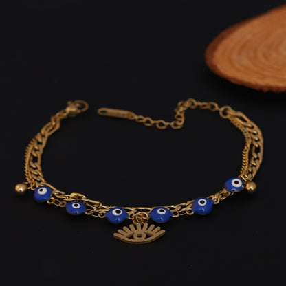 Evil Eye Charm Chain Bracelet Gold Plated – Double Layer, Anti-Tarnish, Waterproof(GOLD)