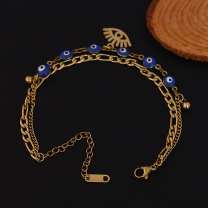 Evil Eye Charm Chain Bracelet Gold Plated – Double Layer, Anti-Tarnish, Waterproof(GOLD)
