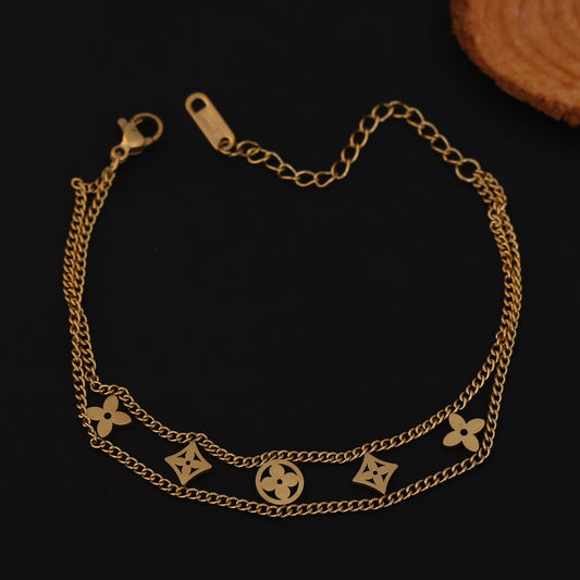 Flower Charms Chain Bracelet Gold Plated – Double Layer, Anti-Tarnish, Waterproof (GOLD)