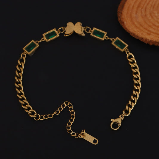 Butterfly Charms Green Stones Chain Bracelet Gold Plated – Double Layer, Anti-Tarnish, Waterproof, Minimalist Style (GOLD)