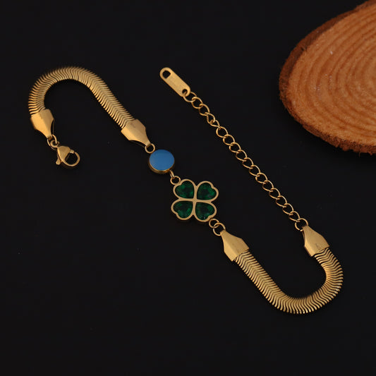 Flower Green Stone Snake Chain Bracelet Gold Plated – Double Layer, Anti-Tarnish, Waterproof, Minimalist Style (GOLD)