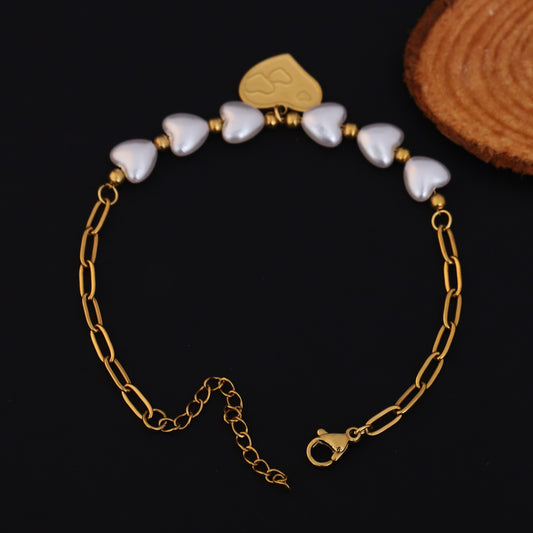 Heart Charm & Pearl Chain Bracelet Gold Plated – Double Layer, Anti-Tarnish, Waterproof, Minimalist Style (GOLD)
