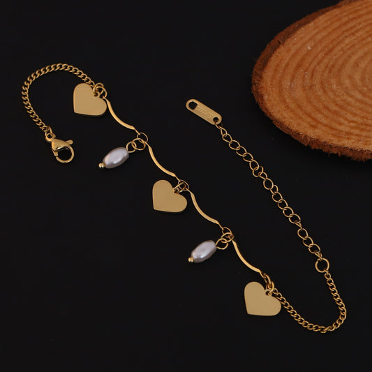 Heart Charm & Pearl Chain Bracelet Gold Plated – Single Layer, Anti-Tarnish, Waterproof, Minimalist Style (GOLD)