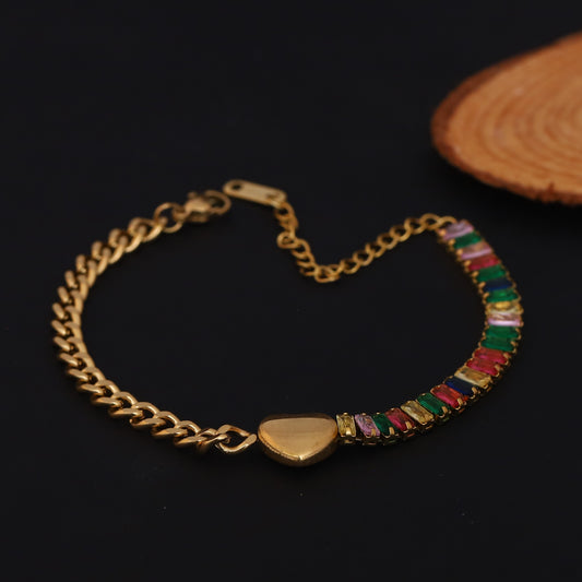 Heart with Multi Color Stones Chain Bracelet Gold Plated – Single Layer, Anti-Tarnish, Waterproof, Minimalist Style (GOLD)