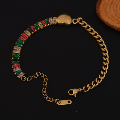 Heart with Multi Color Stones Chain Bracelet Gold Plated – Single Layer, Anti-Tarnish, Waterproof, Minimalist Style (GOLD)