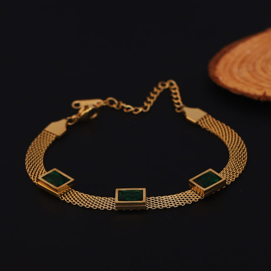 Honey Comb Green Stones Chain Bracelet Gold Plated – Single Layer, Anti-Tarnish, Waterproof (GOLD)