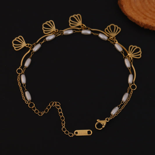 Shell Charm & Pearl Chain Bracelet Gold Plated – Double Layer, Anti-Tarnish, Waterproof, Minimalist Style (GOLD)
