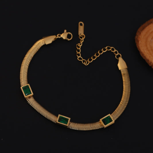 Honey Comb Green Stones Chain Bracelet Gold Plated – Single Layer, Anti-Tarnish, Waterproof (GOLD)