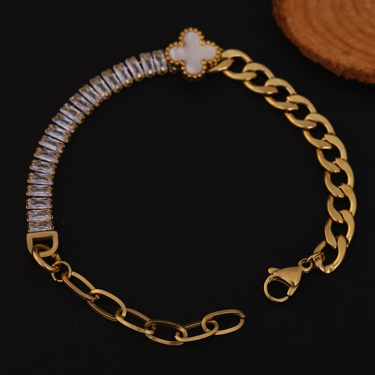 Flower with White Color Stones Chain Bracelet Gold Plated – Single Layer, Anti-Tarnish, Waterproof, Minimalist Style (GOLD)
