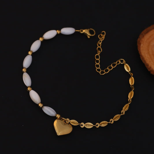 Heart Charm Pearl Chain Bracelet Gold Plated – Single Layer, Anti-Tarnish, Waterproof(GOLD)