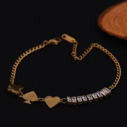Heart with White Stones Chain Bracelet Gold Plated – Single Layer, Anti-Tarnish, Waterproof, Minimalist Style (GOLD)