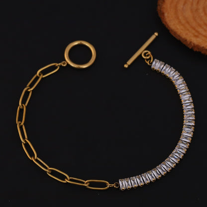 White Color Stones Chain Bracelet Gold Plated – Single Layer, Anti-Tarnish, Waterproof, Minimalist Style (GOLD)