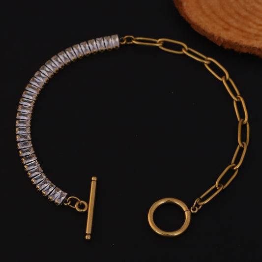 White Color Stones Chain Bracelet Gold Plated – Single Layer, Anti-Tarnish, Waterproof, Minimalist Style (GOLD)