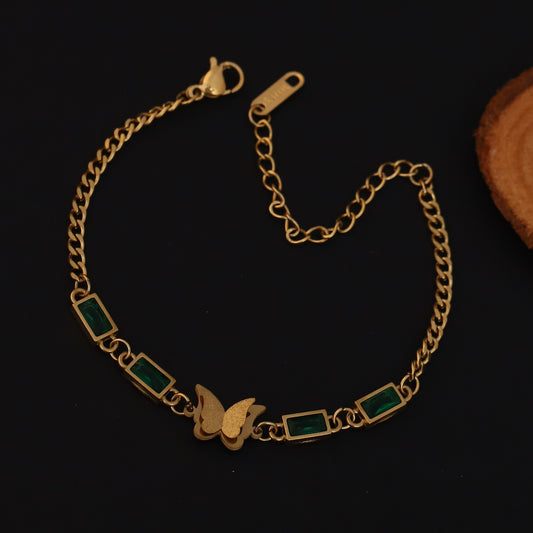Butterfly Charms Green Stones Chain Bracelet Gold Plated – Single Layer, Anti-Tarnish, Waterproof (GOLD)