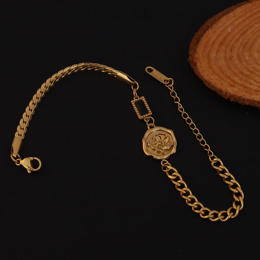 Rose Charms Green Stone Chain Bracelet Gold Plated – Double Layer, Anti-Tarnish, Waterproof, Minimalist Style (GOLD)