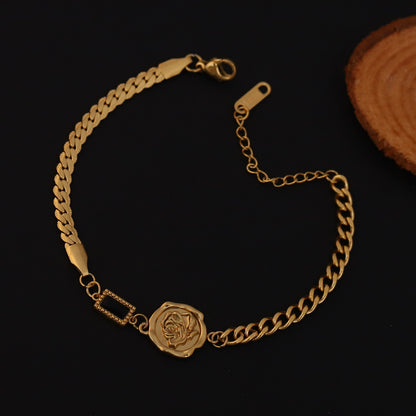 Rose Charms Green Stone Chain Bracelet Gold Plated – Double Layer, Anti-Tarnish, Waterproof, Minimalist Style (GOLD)