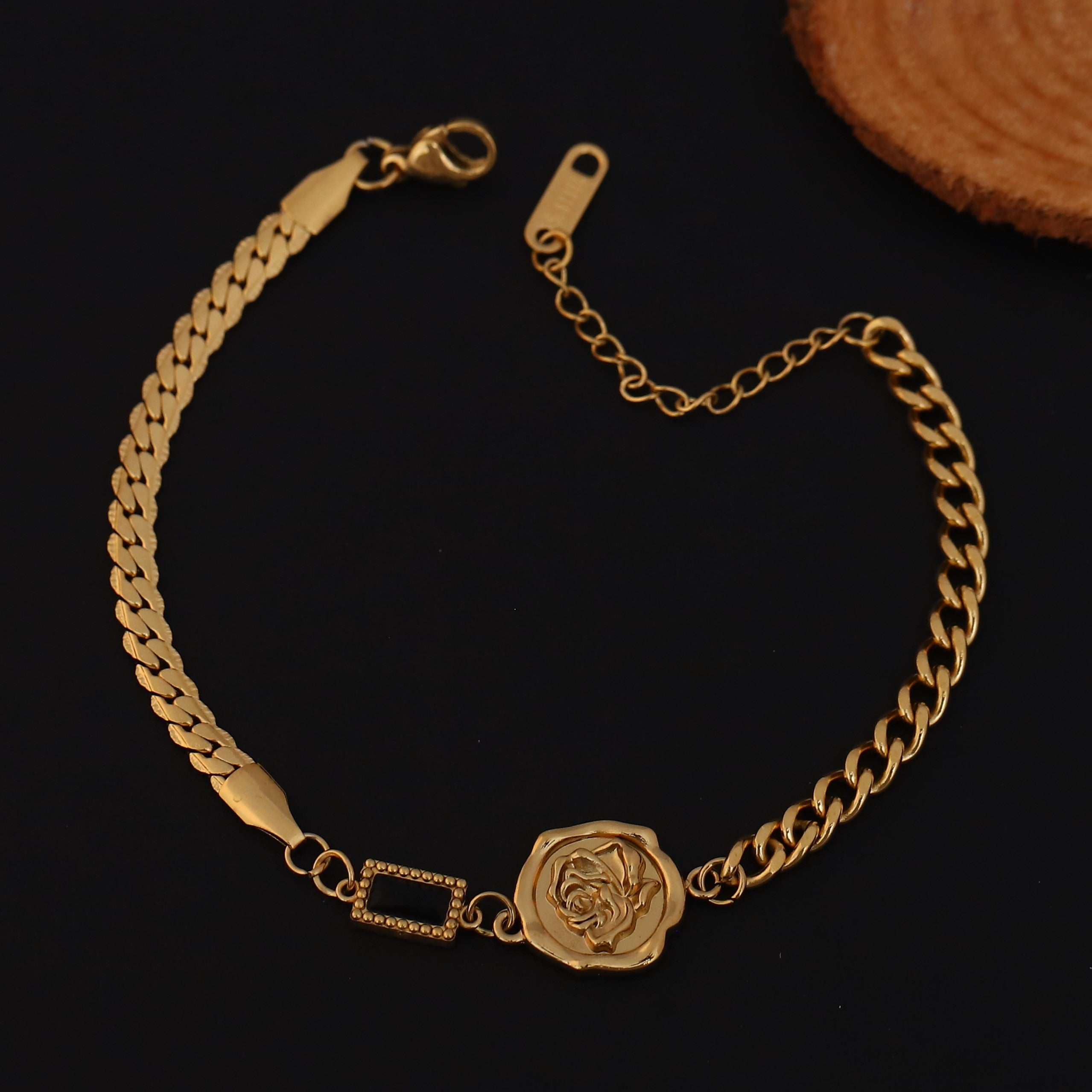 Rose Charms Green Stone Chain Bracelet Gold Plated – Double Layer, Anti-Tarnish, Waterproof, Minimalist Style (GOLD)