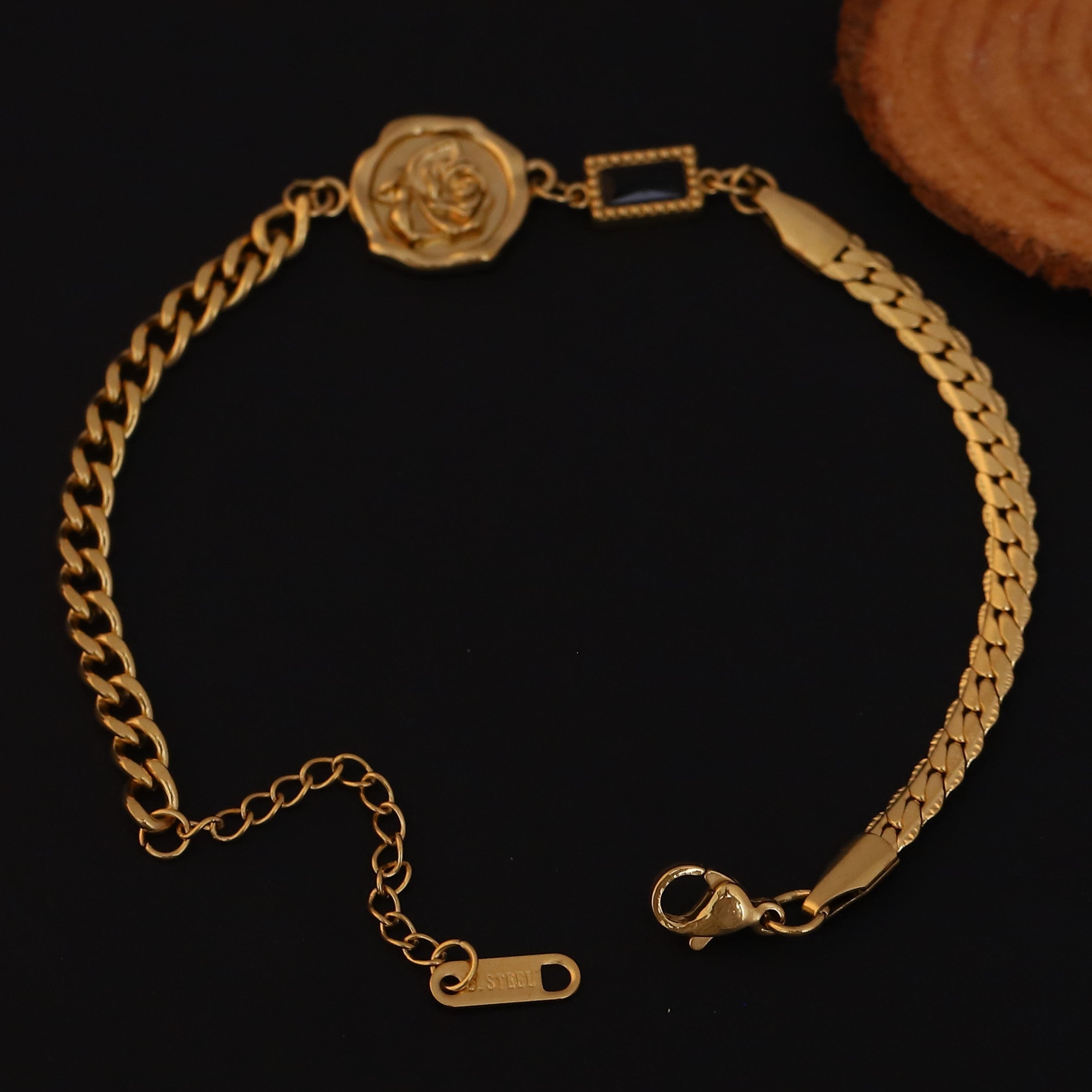 Rose Charms Green Stone Chain Bracelet Gold Plated – Double Layer, Anti-Tarnish, Waterproof, Minimalist Style (GOLD)
