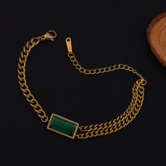 Green Stone Chain Bracelet Gold Plated – Double Layer, Anti-Tarnish, Waterproof, Minimalist Style (GOLD)
