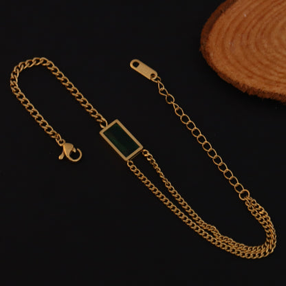 Green Stone Chain Bracelet Gold Plated – Double Layer, Anti-Tarnish, Waterproof, Minimalist Style (GOLD)