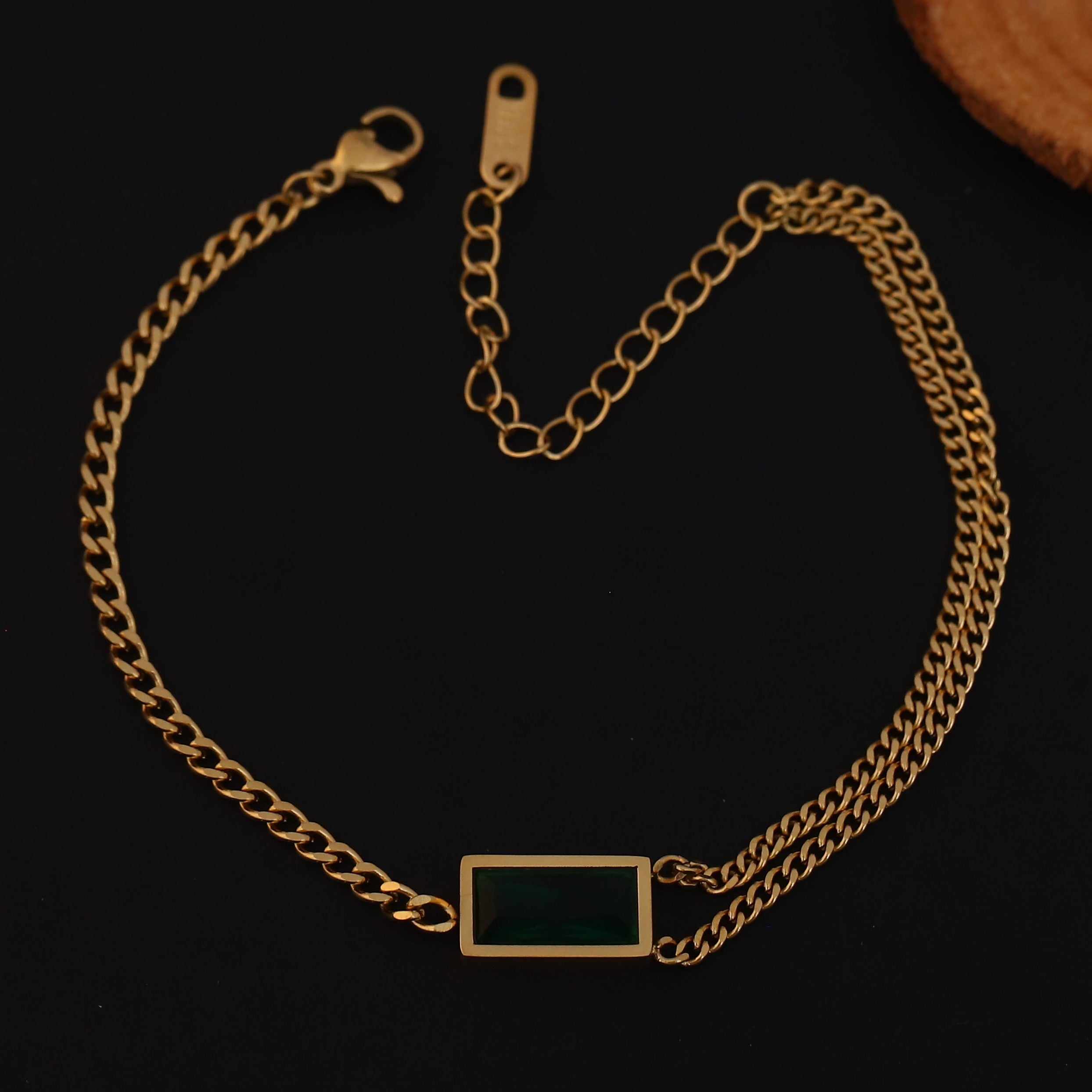 Green Stone Chain Bracelet Gold Plated – Double Layer, Anti-Tarnish, Waterproof, Minimalist Style (GOLD)