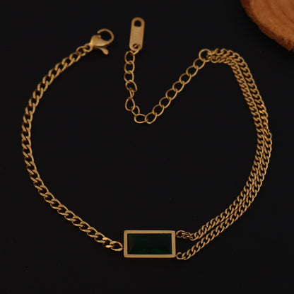 Green Stone Chain Bracelet Gold Plated – Double Layer, Anti-Tarnish, Waterproof, Minimalist Style (GOLD)