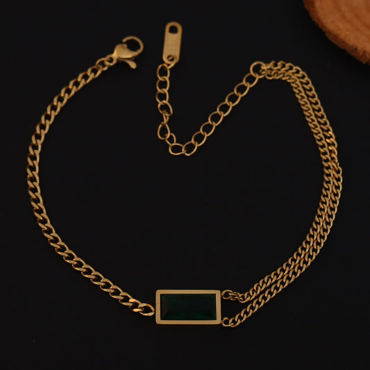 Green Stone Chain Bracelet Gold Plated – Double Layer, Anti-Tarnish, Waterproof, Minimalist Style (GOLD)