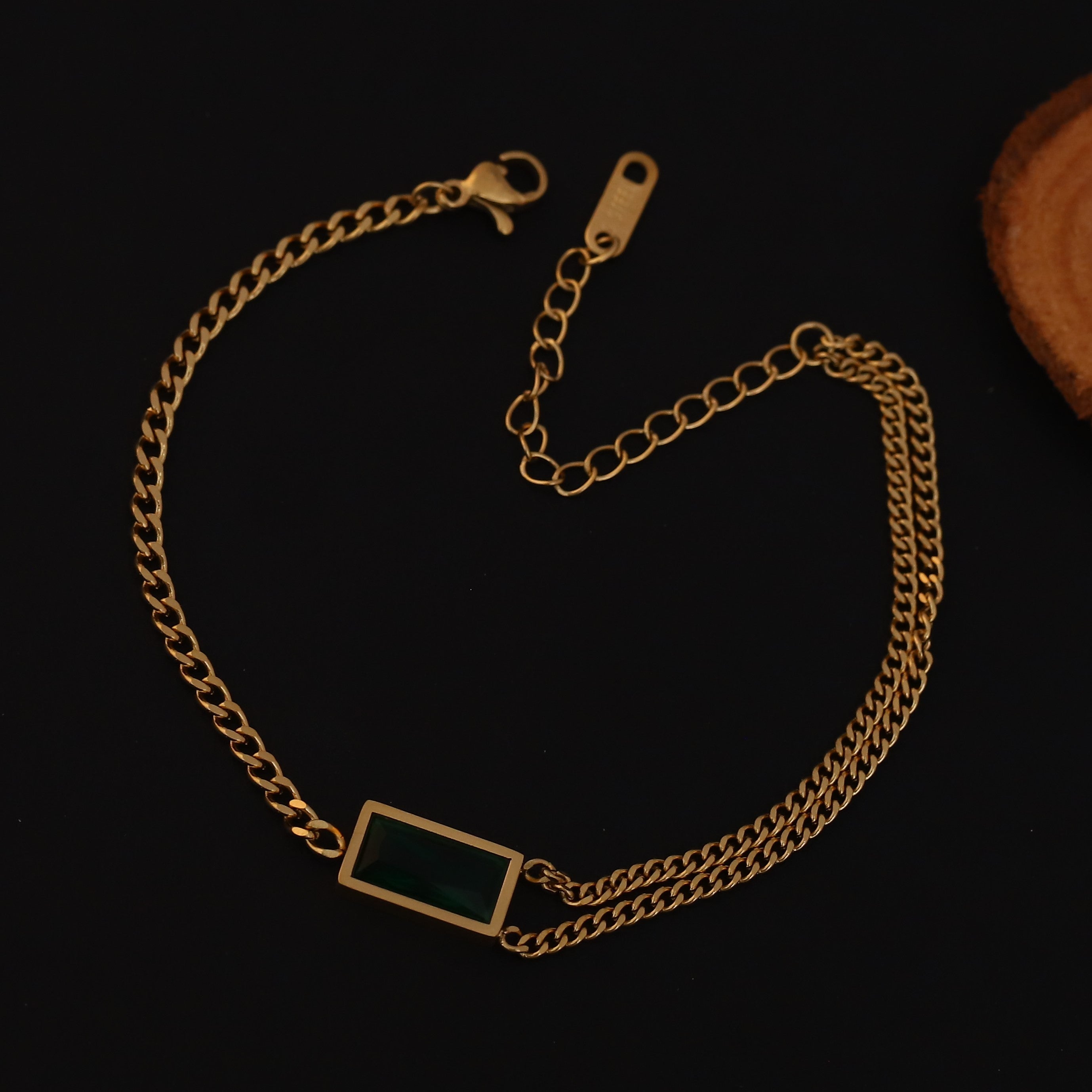 Green Stone Chain Bracelet Gold Plated – Double Layer, Anti-Tarnish, Waterproof, Minimalist Style (GOLD)