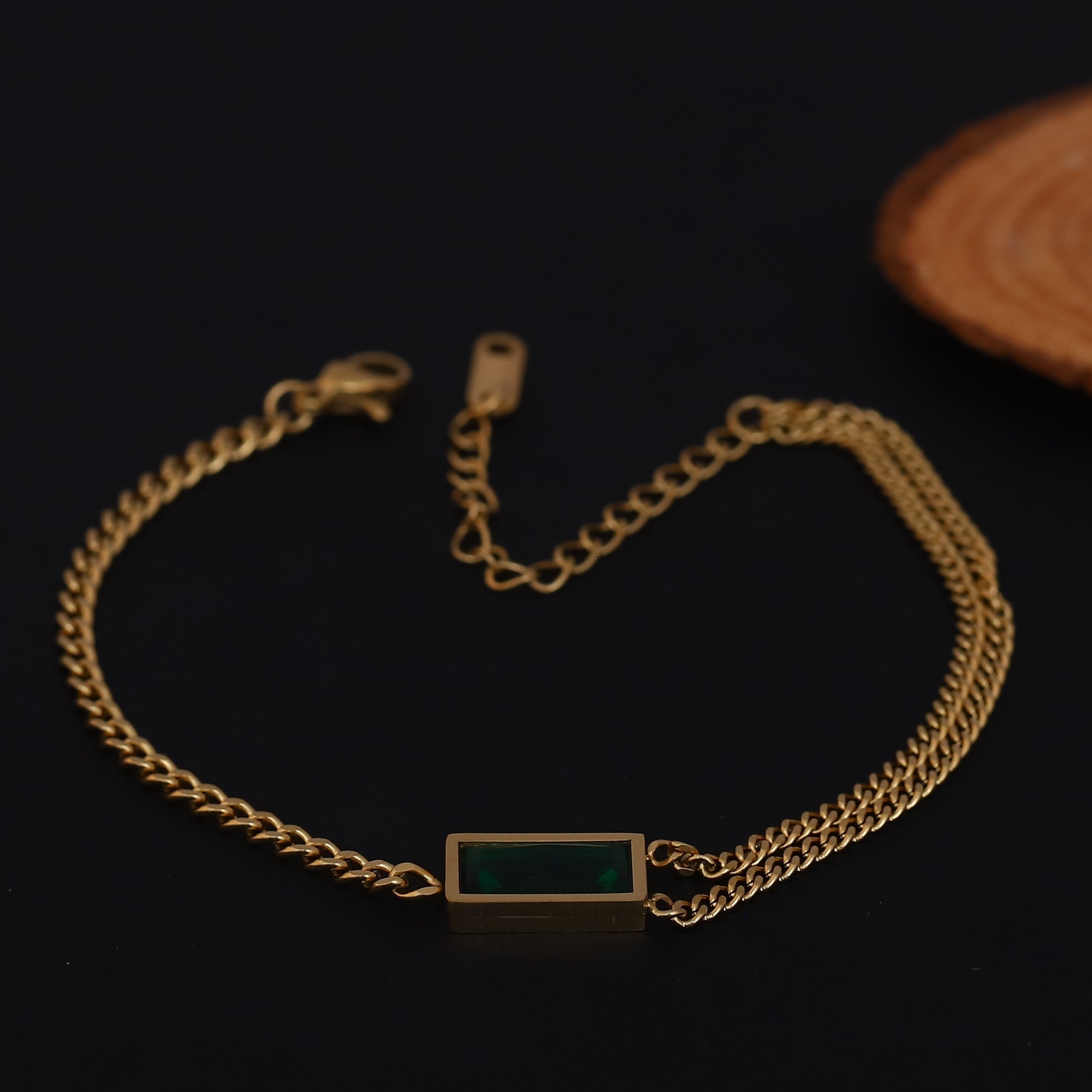 Green Stone Chain Bracelet Gold Plated – Double Layer, Anti-Tarnish, Waterproof, Minimalist Style (GOLD)