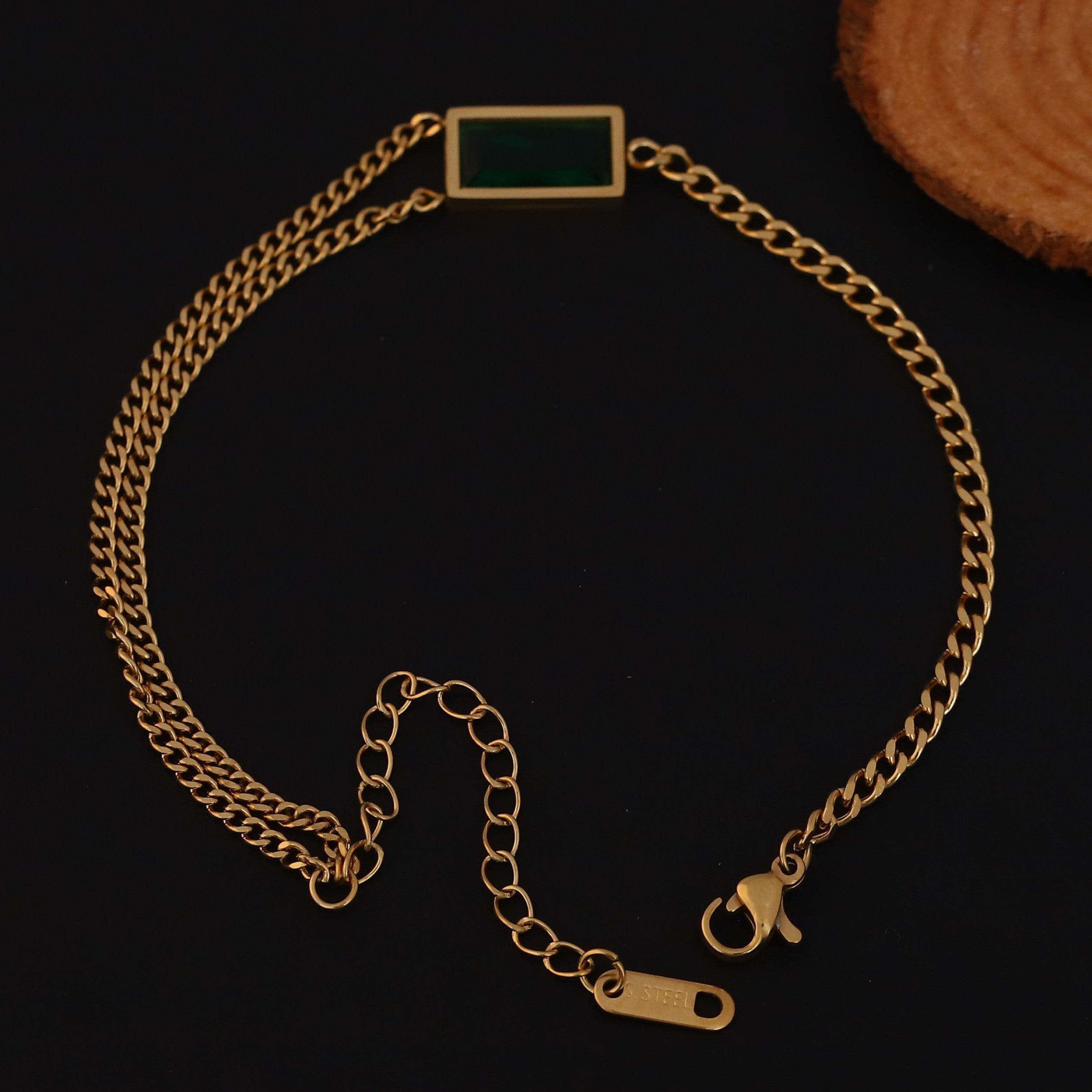 Green Stone Chain Bracelet Gold Plated – Double Layer, Anti-Tarnish, Waterproof, Minimalist Style (GOLD)