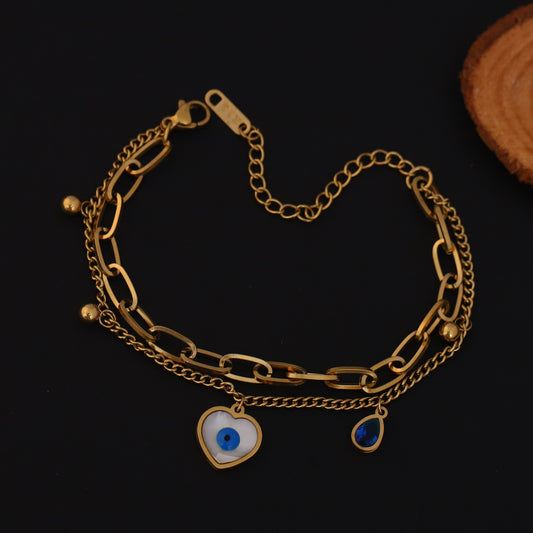 Evil Eye Chain Bracelet Gold Plated – Double Layer, Anti-Tarnish, Waterproof, Minimalist Style (GOLD)