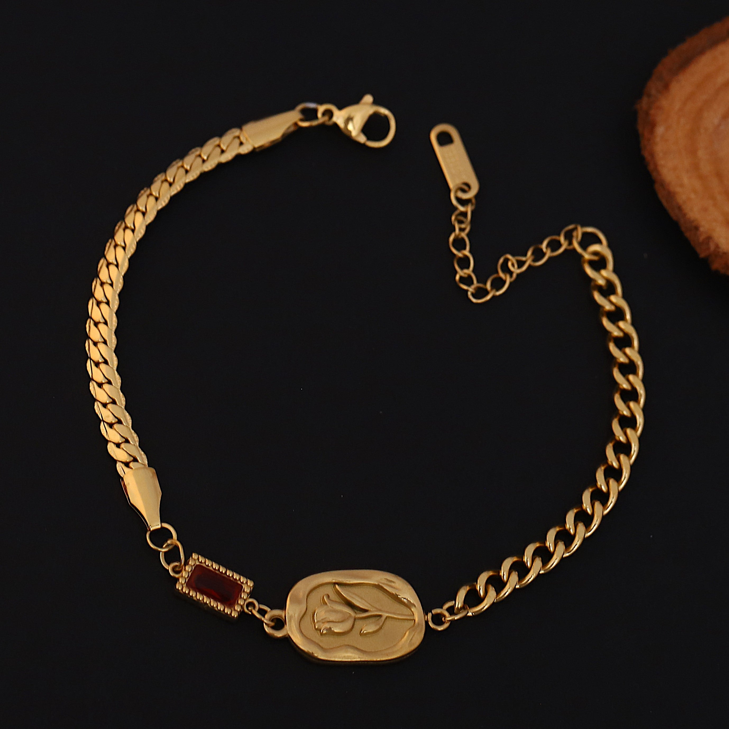 Rose Charm Red Stone Chain Bracelet Gold Plated – Double Layer, Anti-Tarnish, Waterproof, Minimalist Style (GOLD)