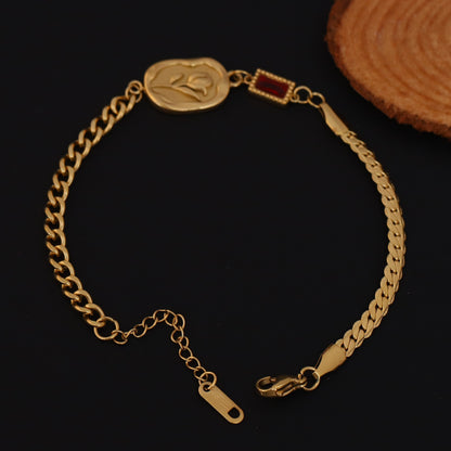 Rose Charm Red Stone Chain Bracelet Gold Plated – Double Layer, Anti-Tarnish, Waterproof, Minimalist Style (GOLD)